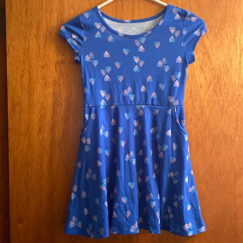 SO Girl's Heart Print Blue Dress w/ Pockets